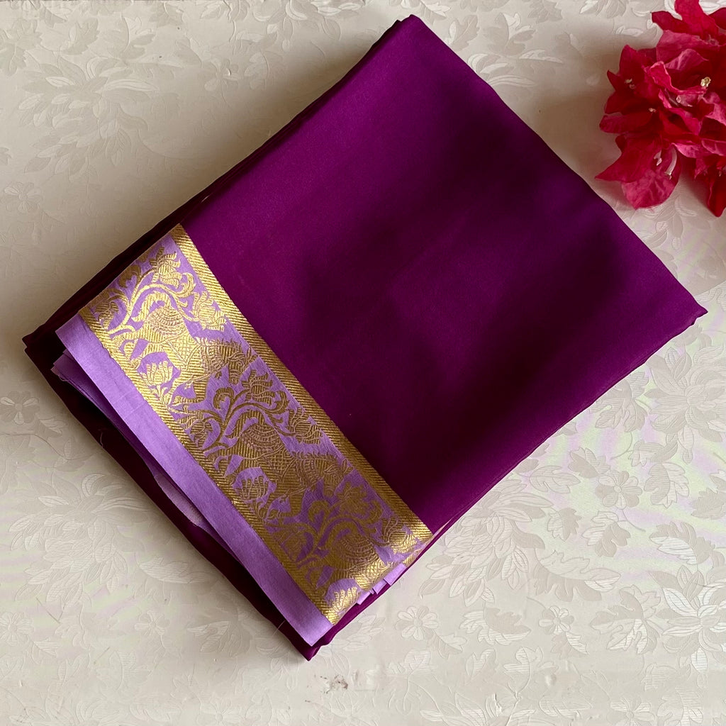 Plum Purple And Lavender Mysore Crepe Silk Saree With Gold Border