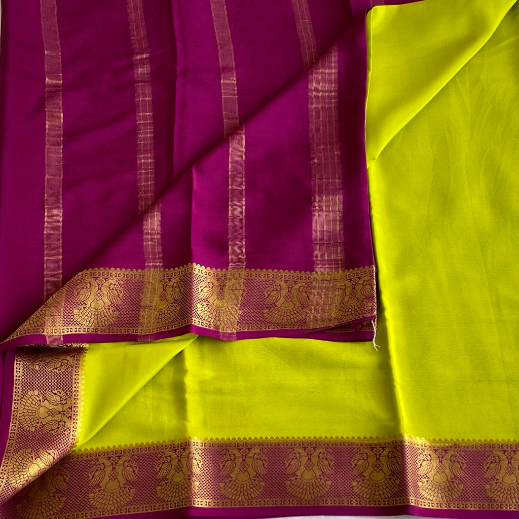 Chartreuse Silk Saree Gold Brocade Peacock Border Traditional Festive Wear