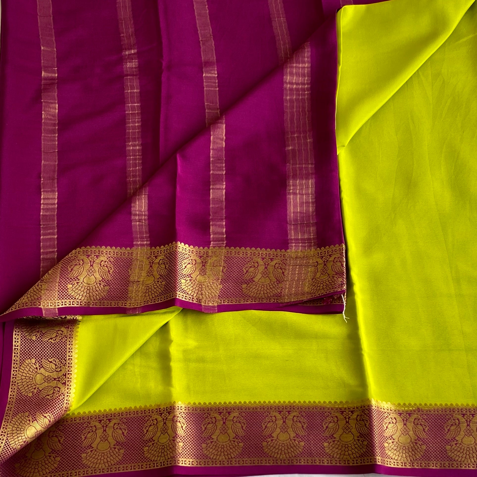 Chartreuse Silk Saree Gold Brocade Peacock Border Traditional Festive Wear