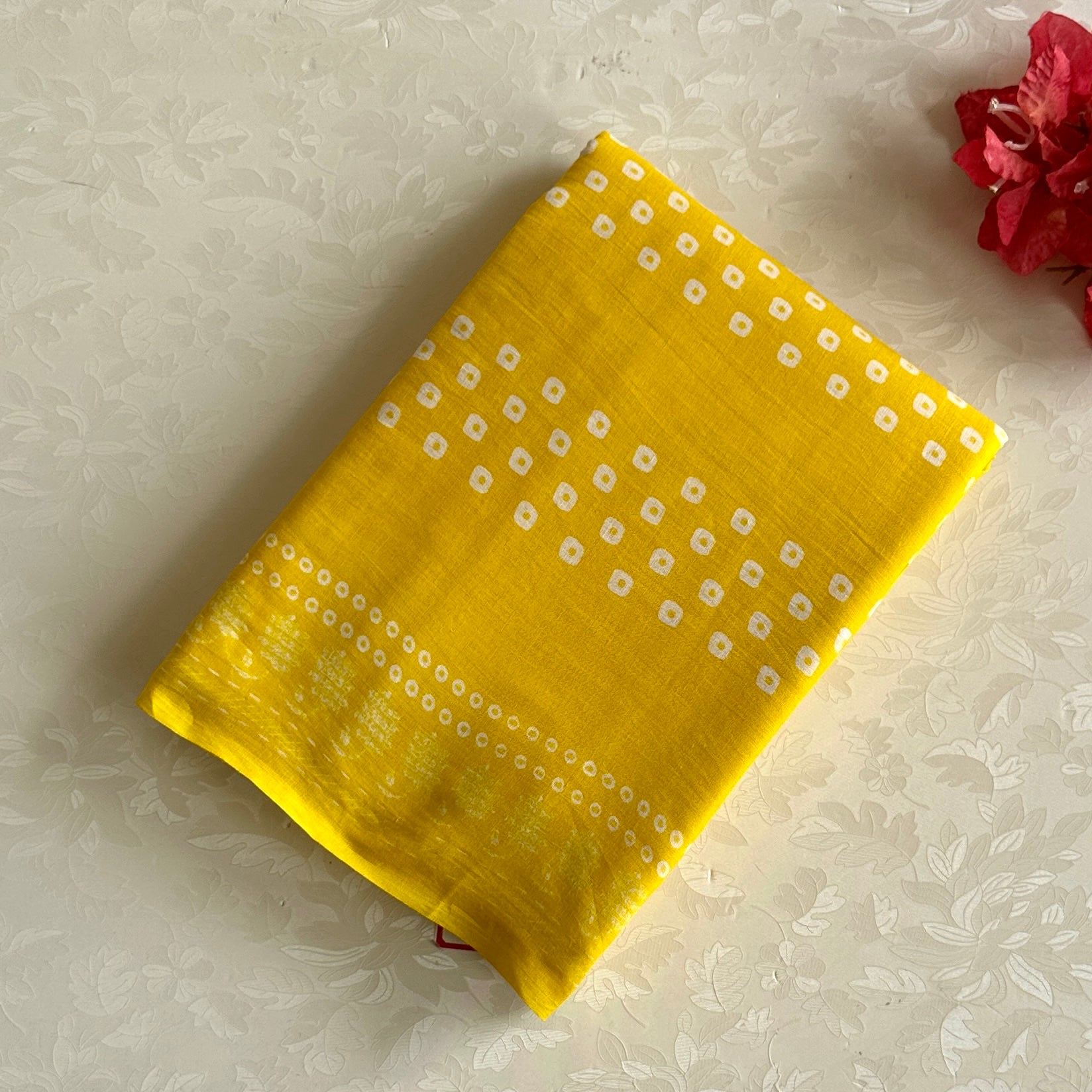 Sunflower Yellow Everyday Luxury With Pure White Bandhani Squares And Gold Zari