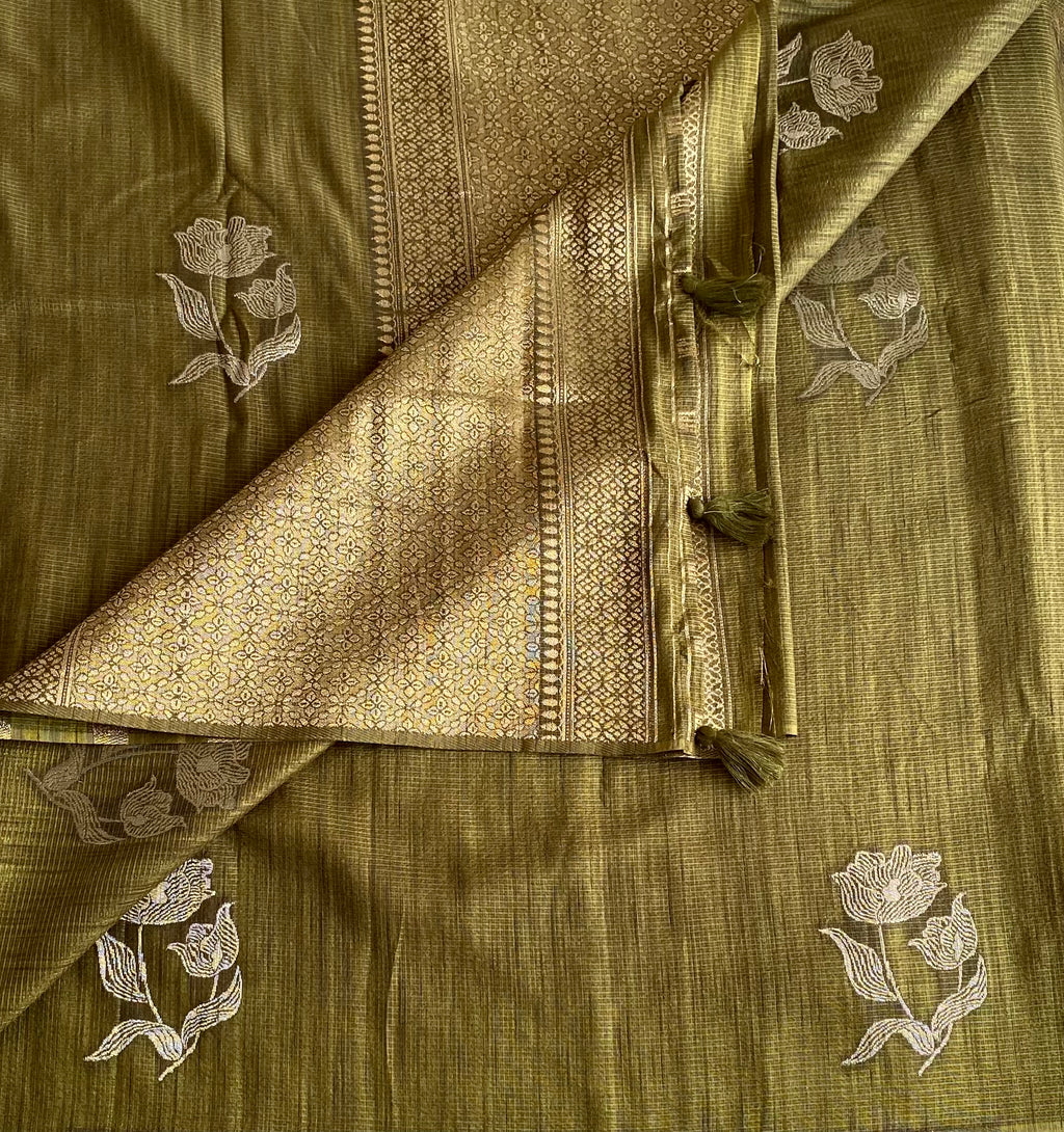 Olive Green Soft Tussar Cotton Saree With Metallic Gold Pallu