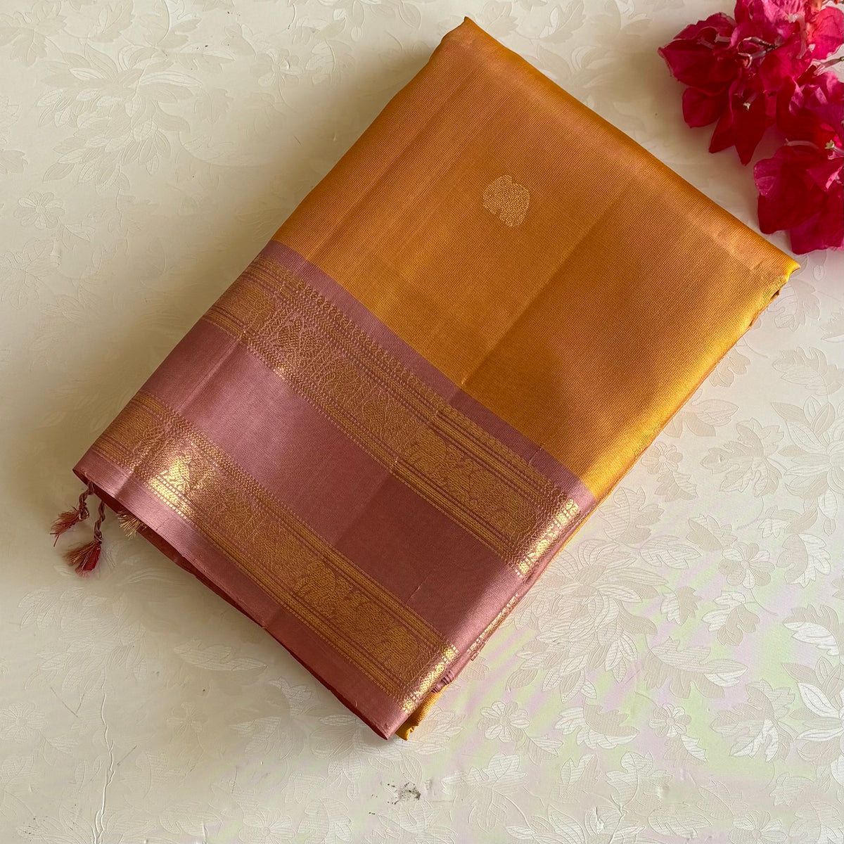 Sunset Yellow & Dusty Rose Designer Pure Silk Saree With Retta Petta Borders