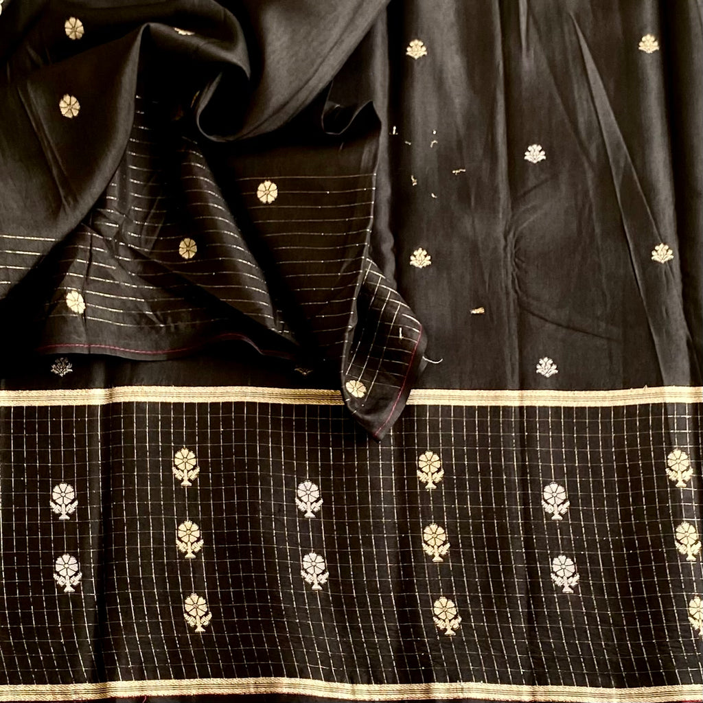 Jet Black Soft Tussar Silk Saree With Antique Gold Woven Pallu