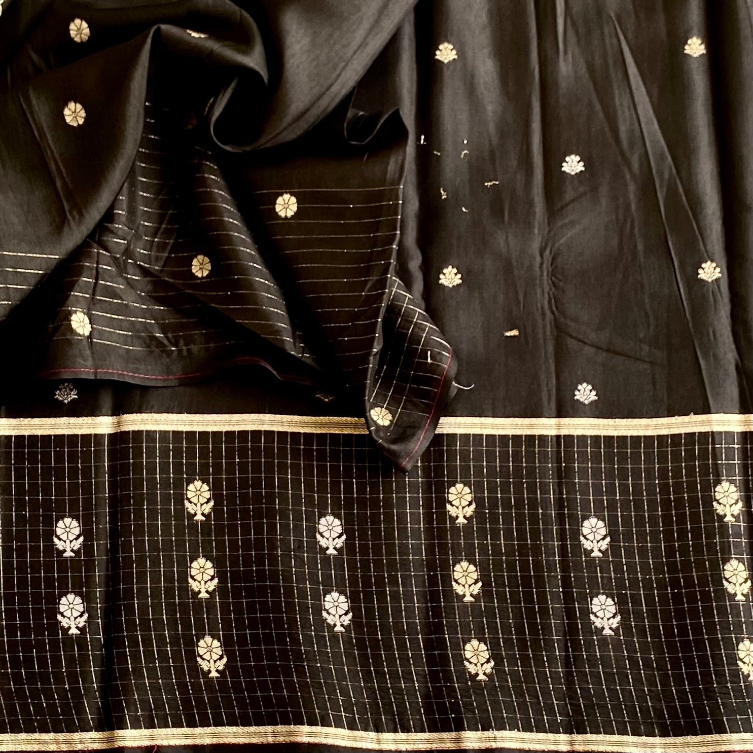 Jet Black Soft Tussar Silk Saree With Antique Gold Woven Pallu