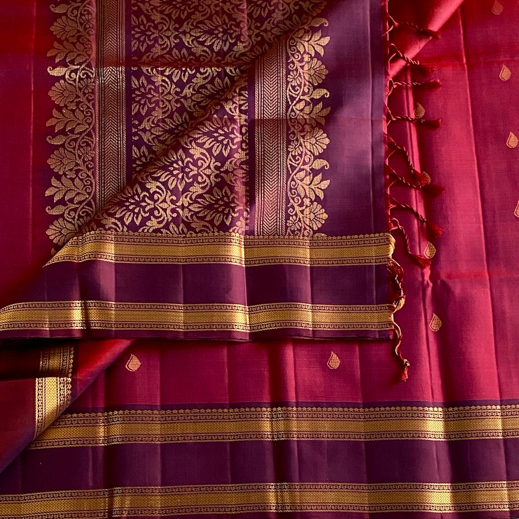 Dual Shaded Maroon Magenta Designer Pure Silk With Plum Purple Pallu