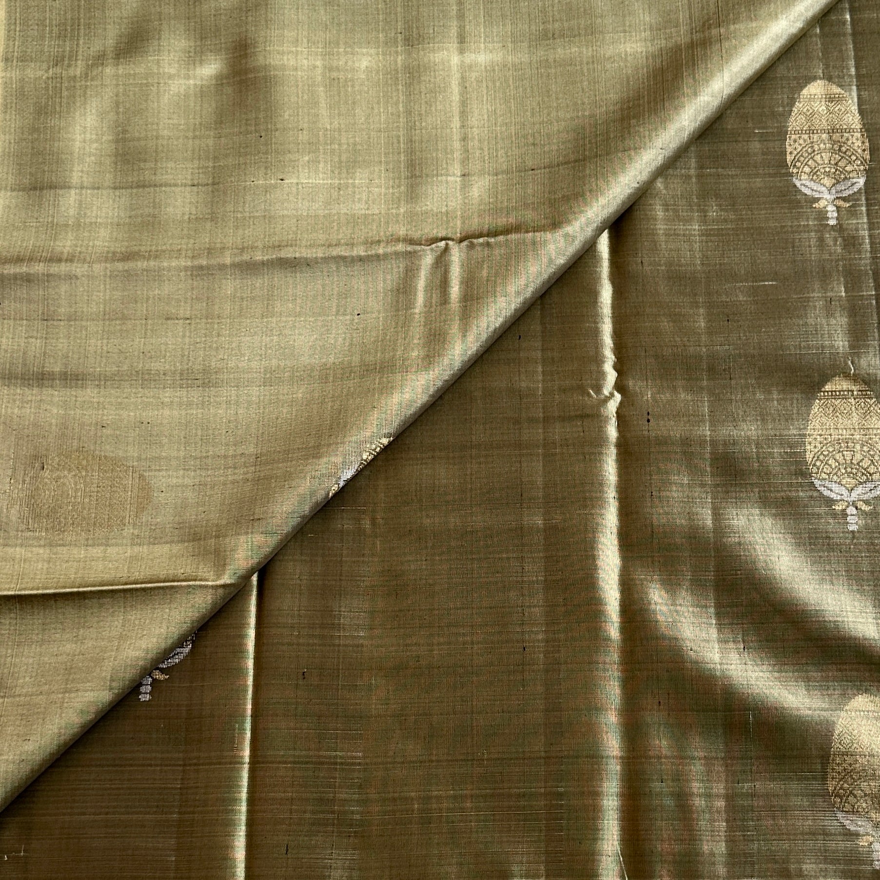 Greyish Sage Fuchsia Olive Silk Saree Antique Gold Brocade Festive Traditional Wear