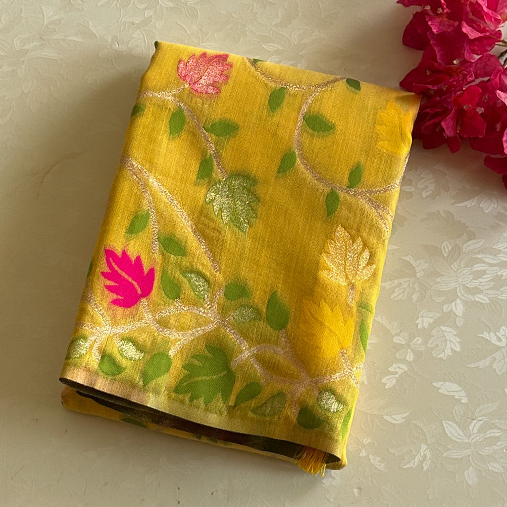 Mustard Yellow Sheer Saree Fuchsia Floral Silver Zari Tassel Edging
