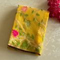 Mustard Yellow Sheer Saree Fuchsia Floral Silver Zari Tassel Edging