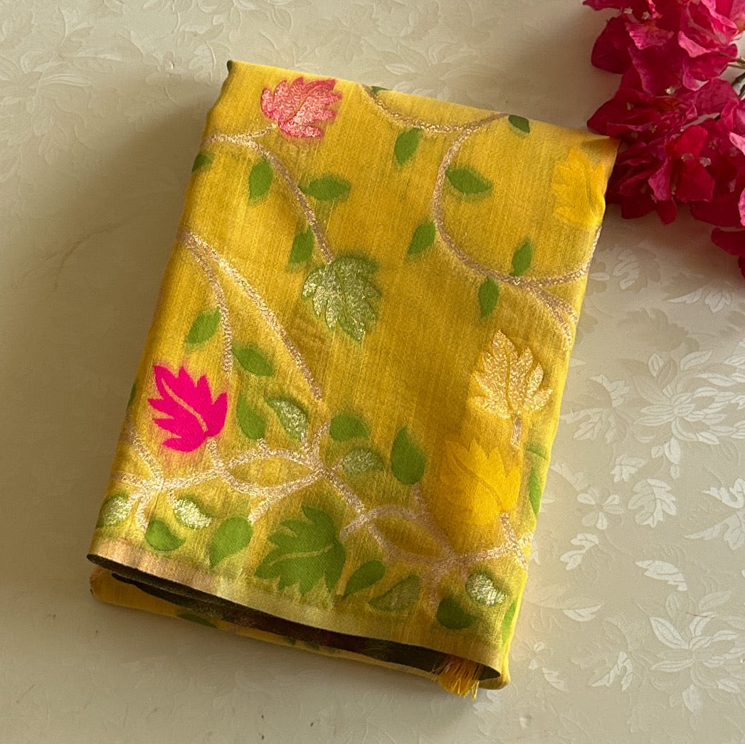 Mustard Yellow Sheer Saree Fuchsia Floral Silver Zari Tassel Edging