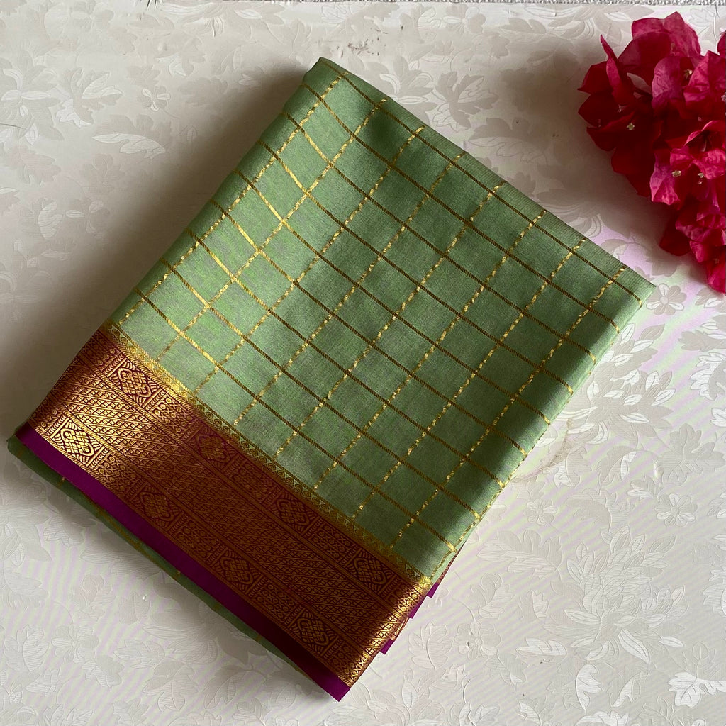 Sage Green Mysore Crepe Silk Saree With Magenta Border And Gold Zari