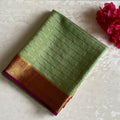 Sage Green Mysore Crepe Silk Saree With Magenta Border And Gold Zari