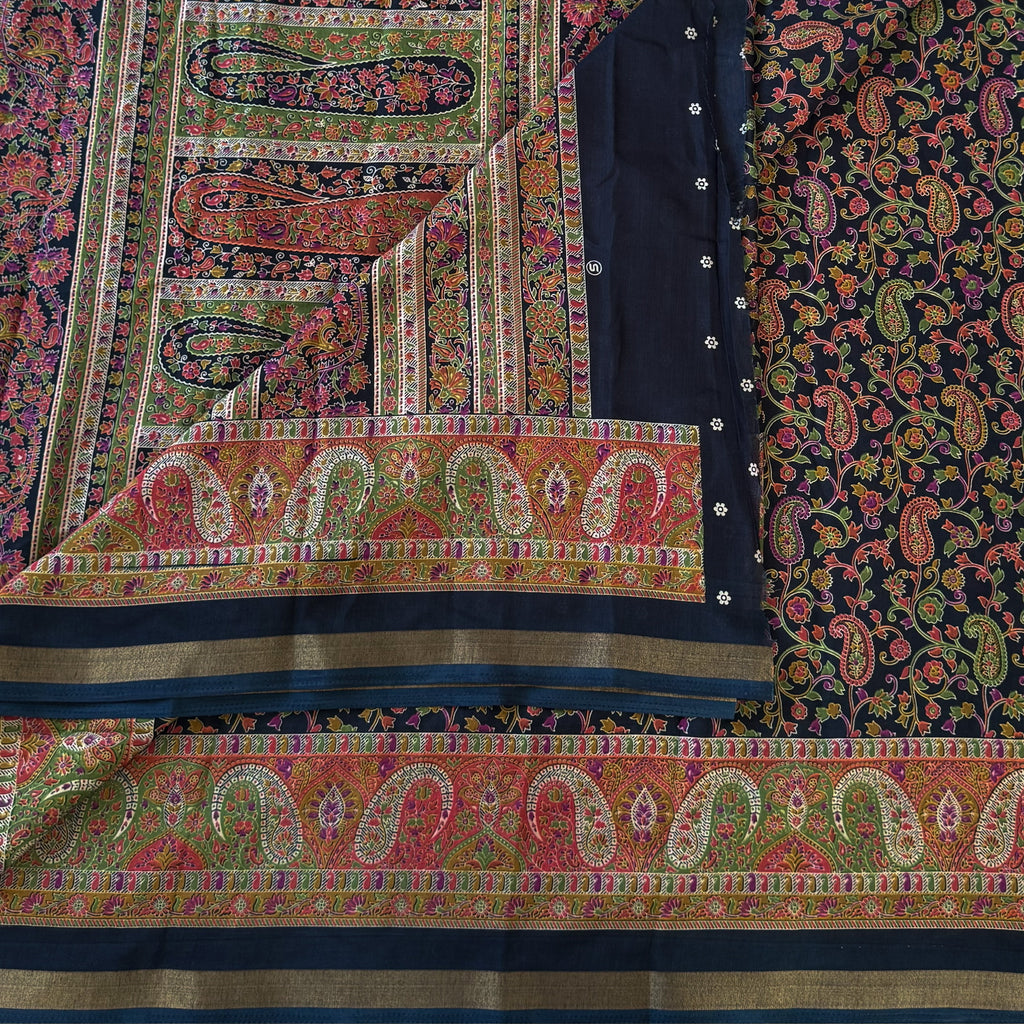 Midnight Blue Paisley Floral Silk Saree with Gold Zari Border