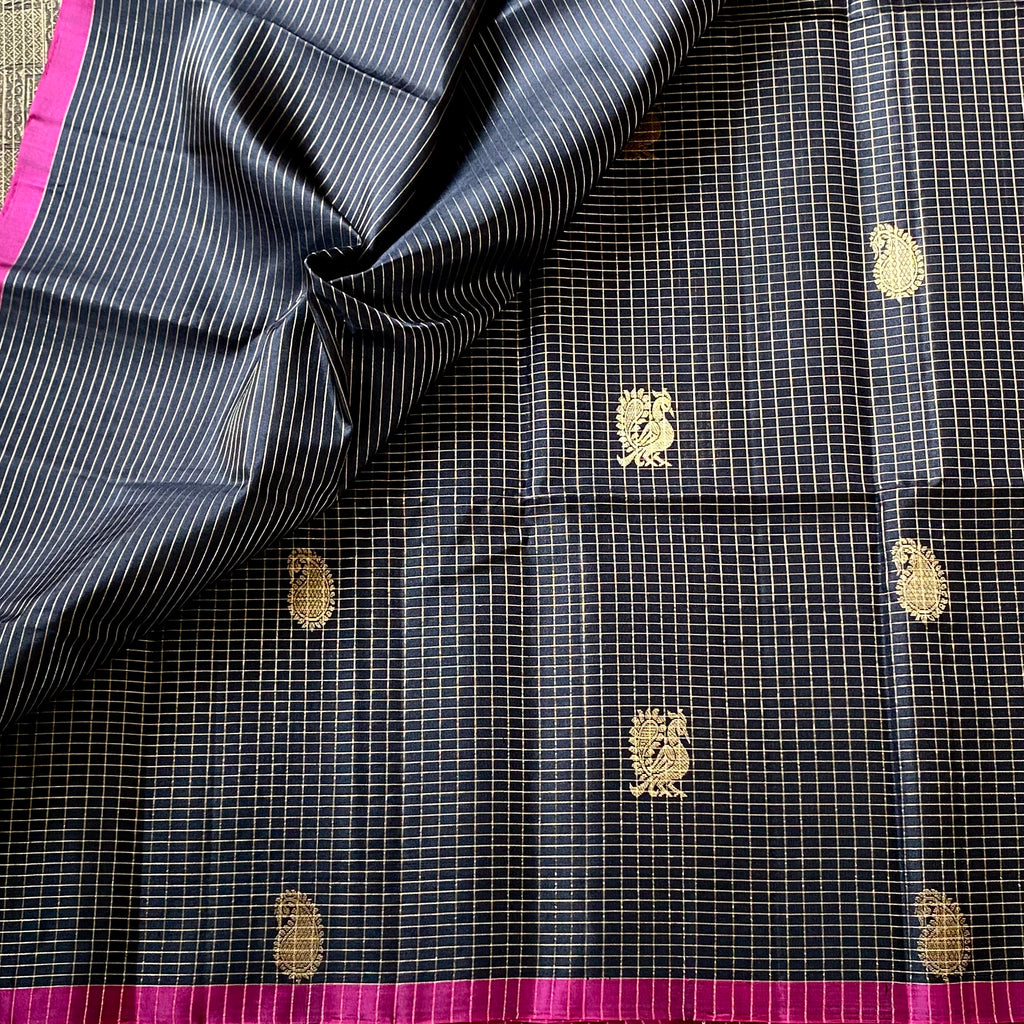Black zari checkered pure silk with peacock & paisley motifs