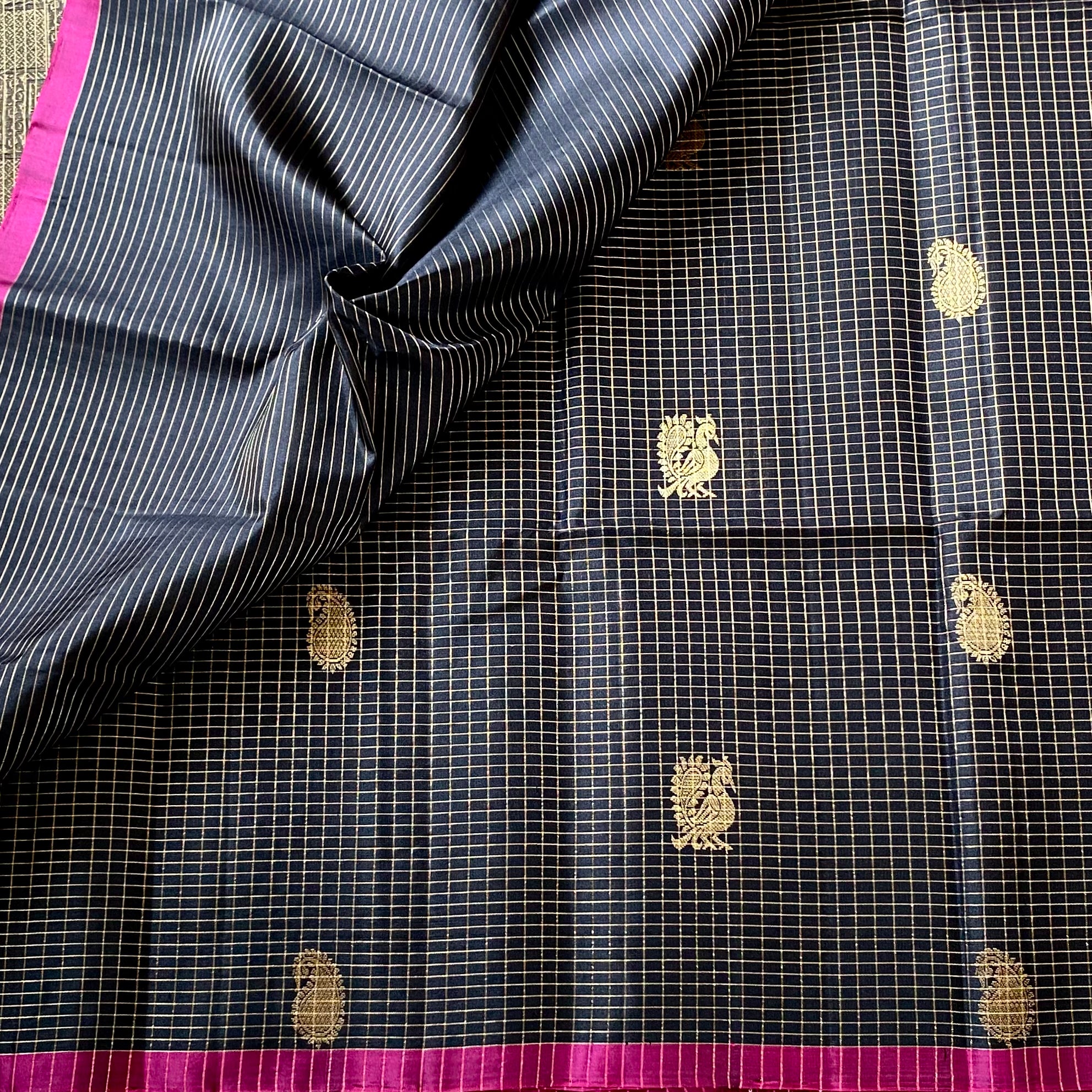 Black zari checkered pure silk with peacock & paisley motifs
