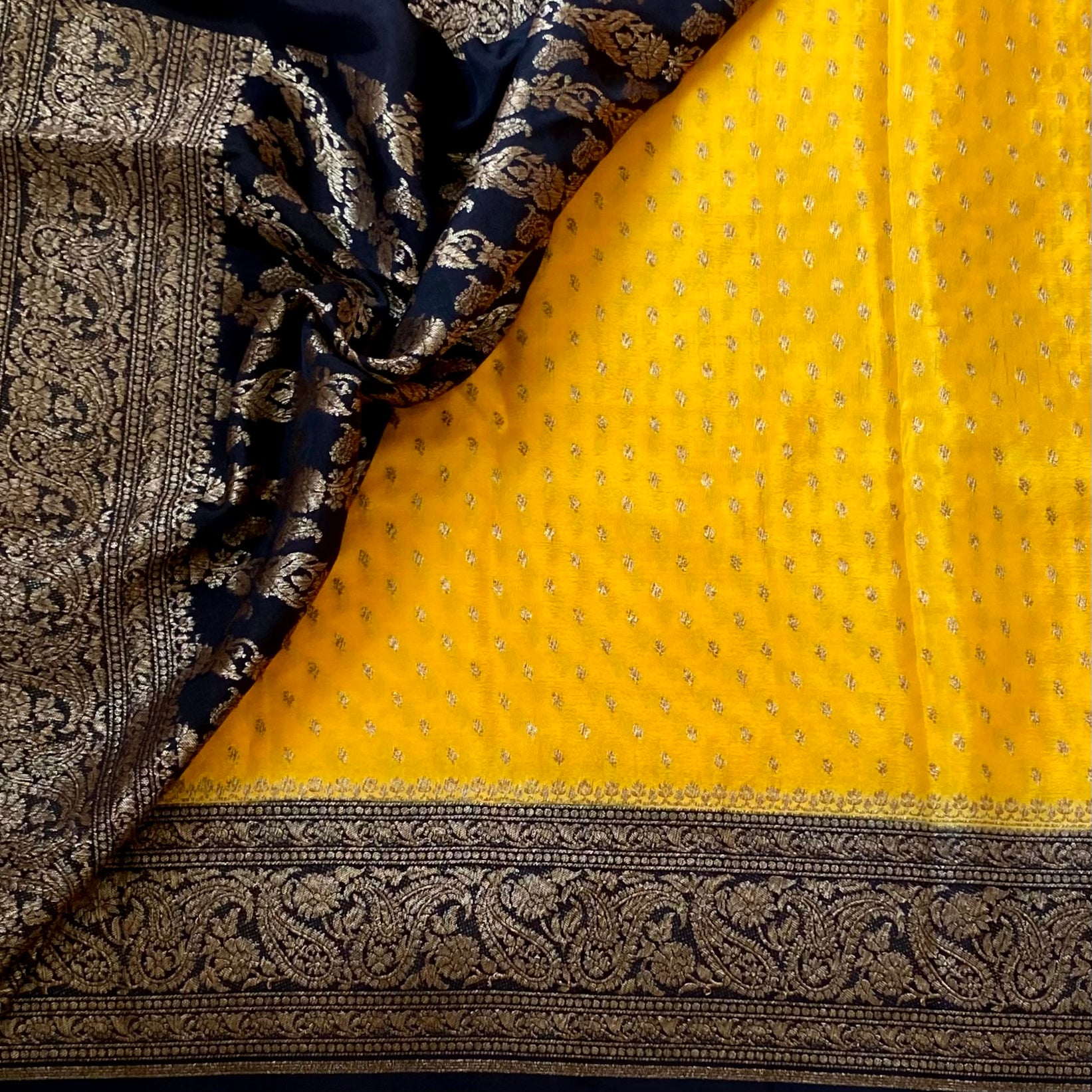 Marigold Yellow Banarasi Silk Saree with Black Paisley Brocade Pallu