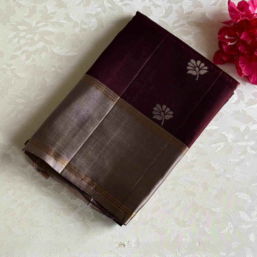 Burgundy Brown & Taupe Beige Designer Pure Silk Saree With Zari Border