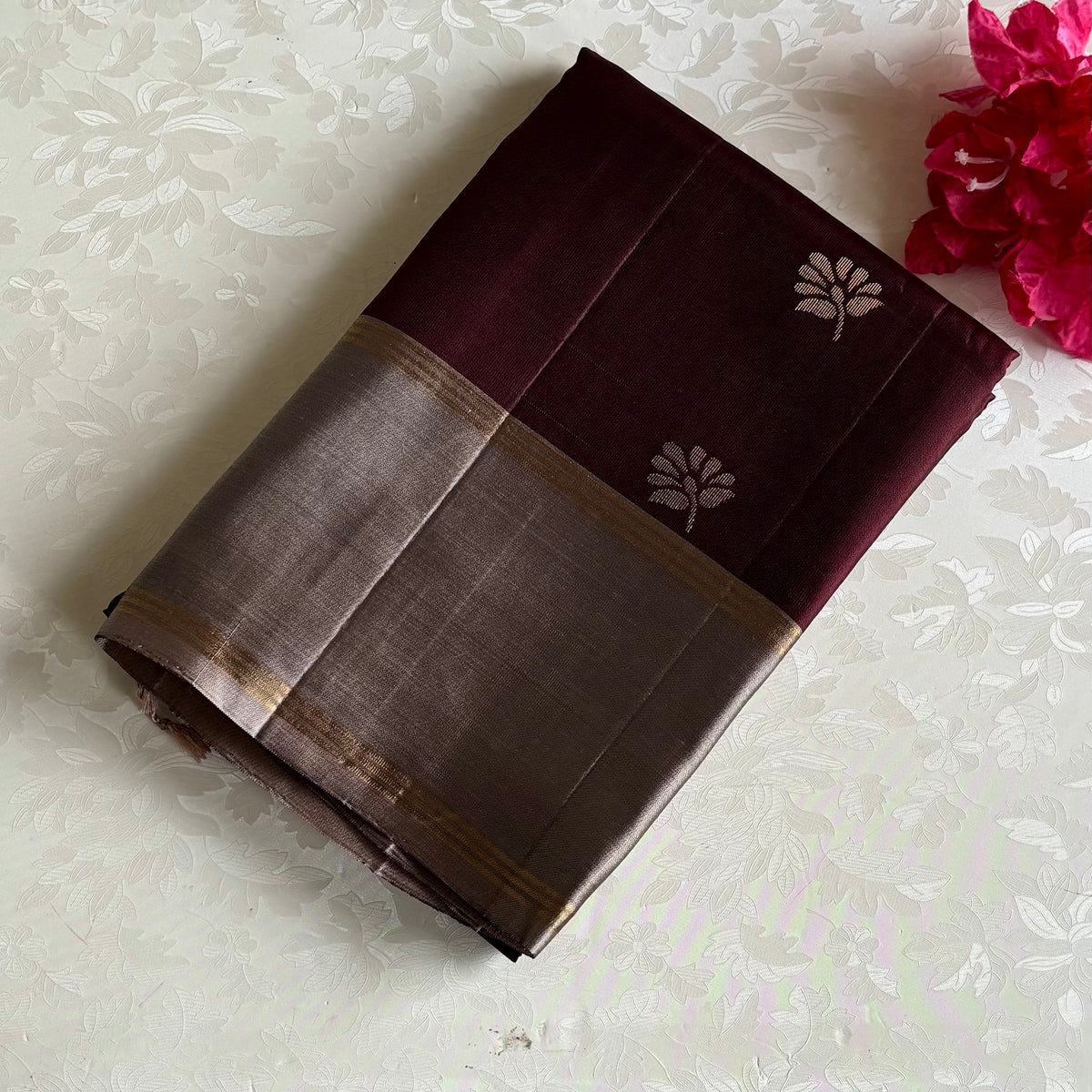 Burgundy Brown & Taupe Beige Designer Pure Silk Saree With Zari Border