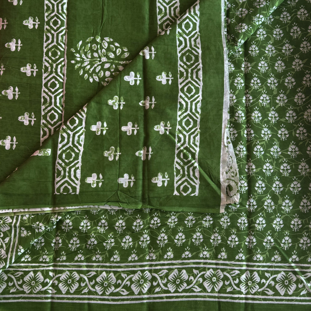 Leaf Green Cotton Block Print Saree With White Floral Tree Motifs