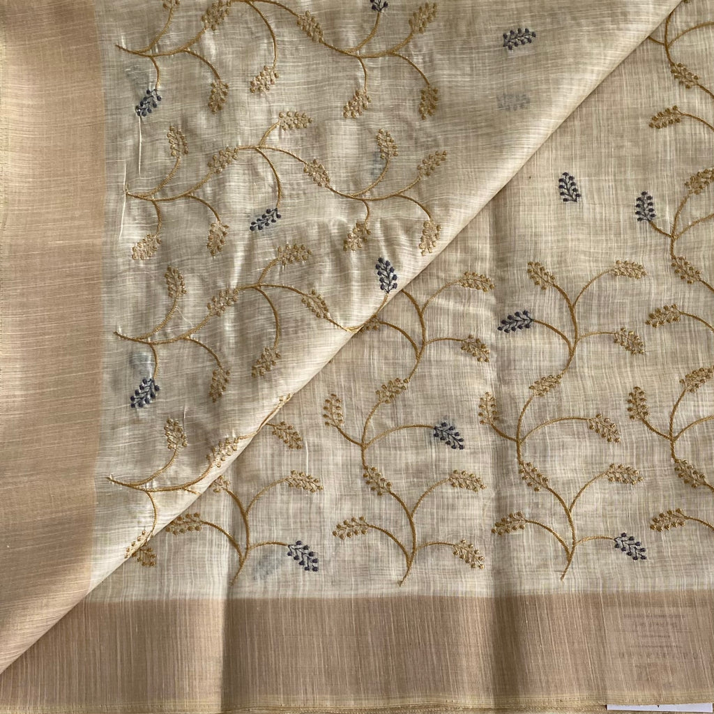 Ivory Beige Handwoven Vine Embroidered Saree with Beige Border
