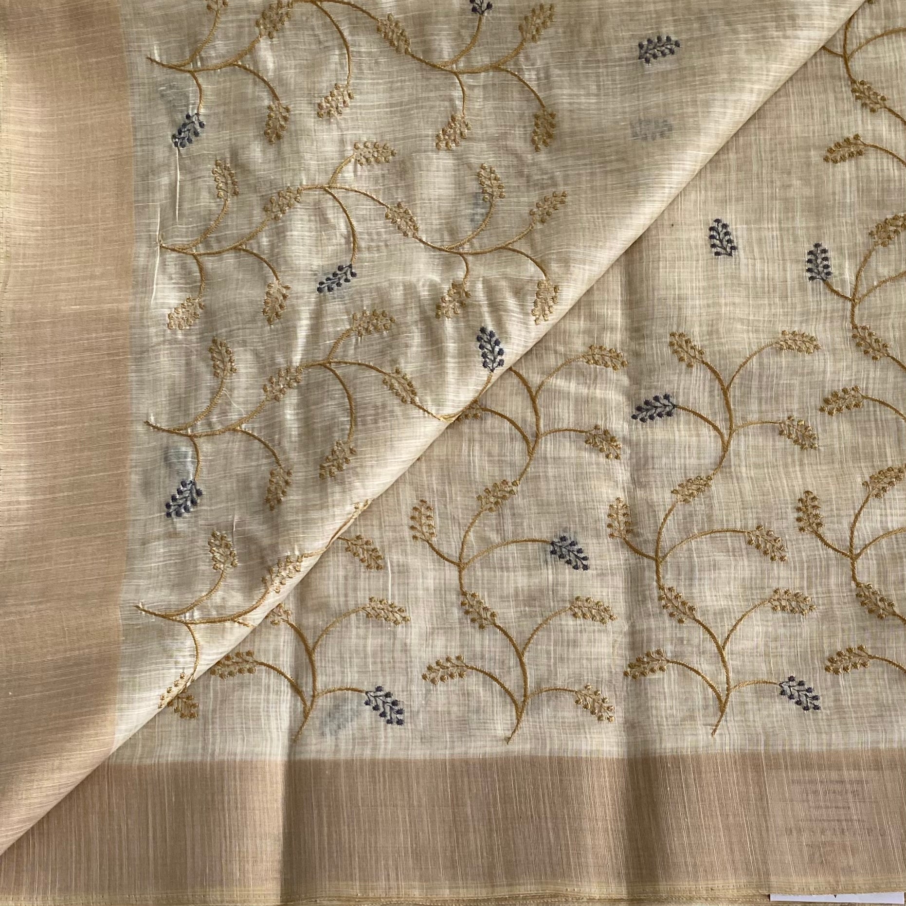 Ivory Beige Handwoven Vine Embroidered Saree with Beige Border