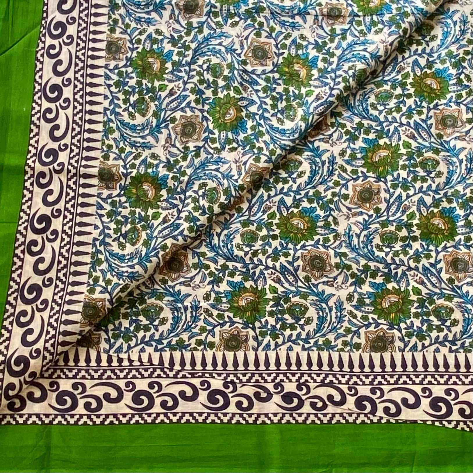 Green Teal Floral Block Print Cotton Saree With Printed Border
