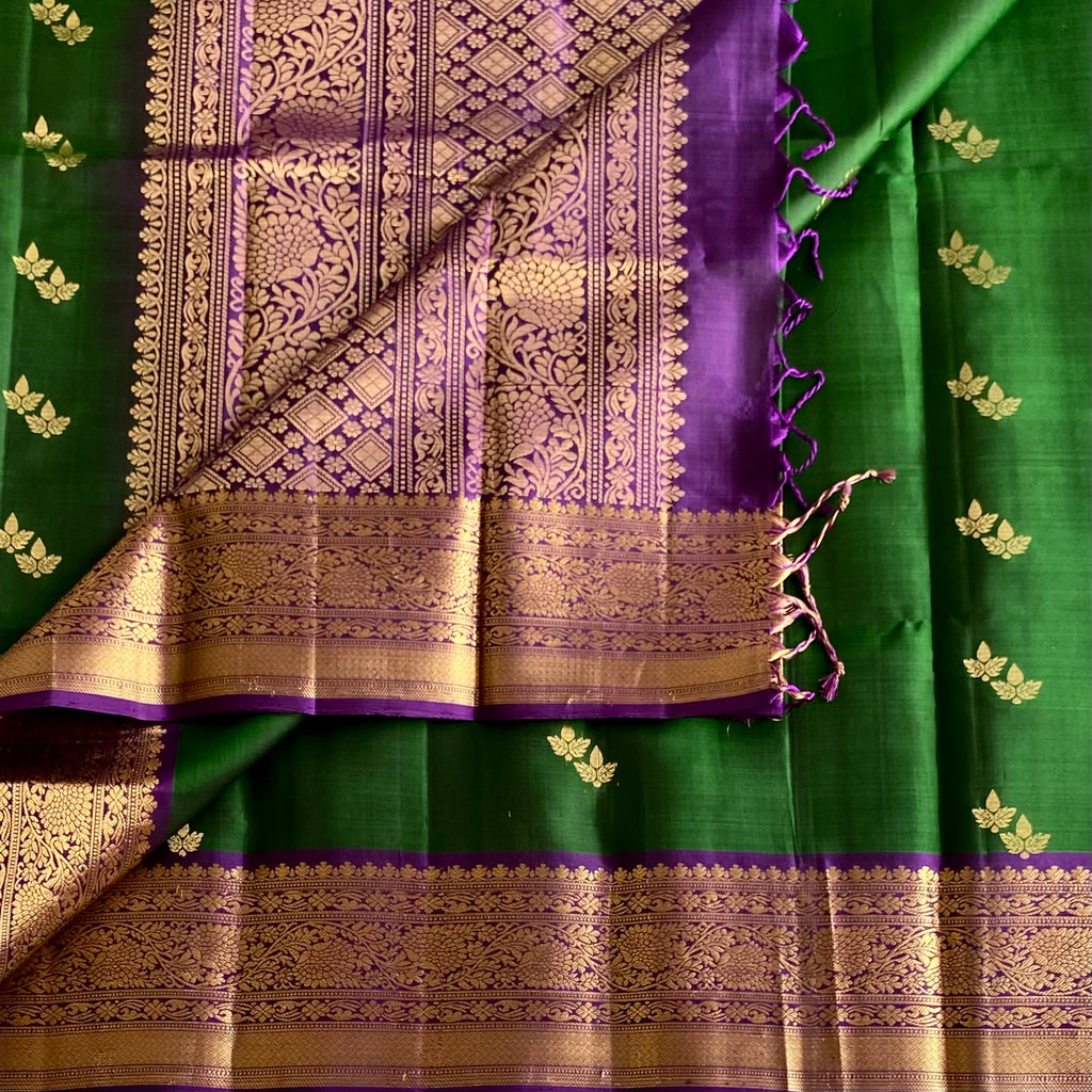 Forest Green Designer Pure Silk Saree With Cadbury Purple Pallu