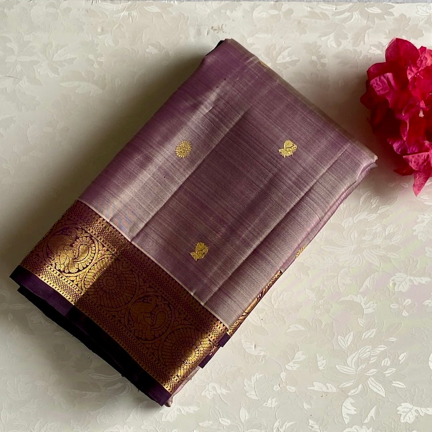 Dual shaded Metallic Lavender Kanjeevaram Pure Zari Silk Saree With Royal Purple Pallu