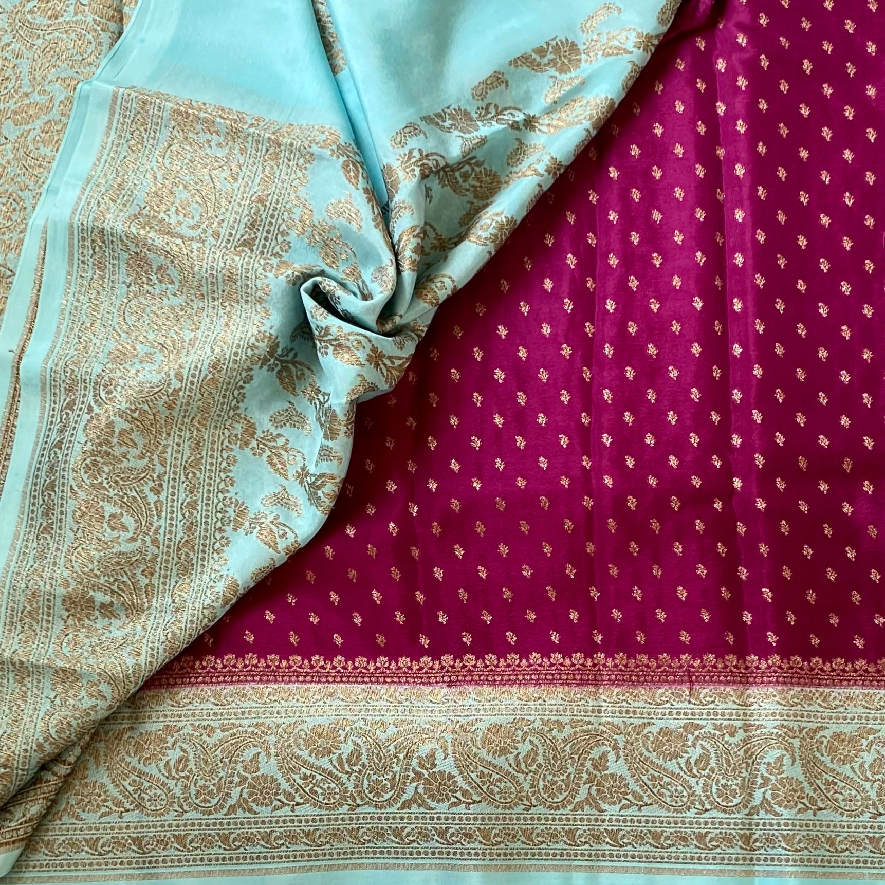 Turquoise Magenta Banarasi Brocade Silk Saree With Gold Zari Border
