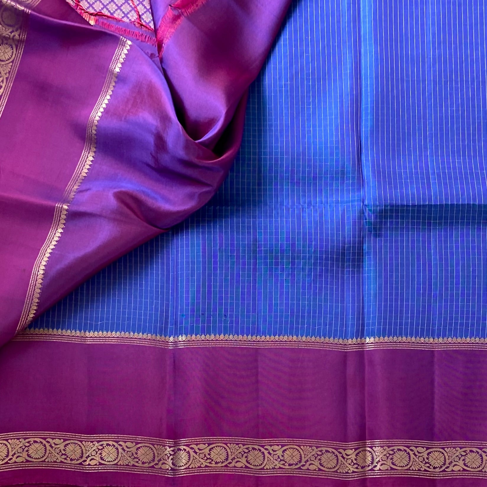 Magenta Gold Brocade Silk Saree with Blue Contrast Pallu Traditional