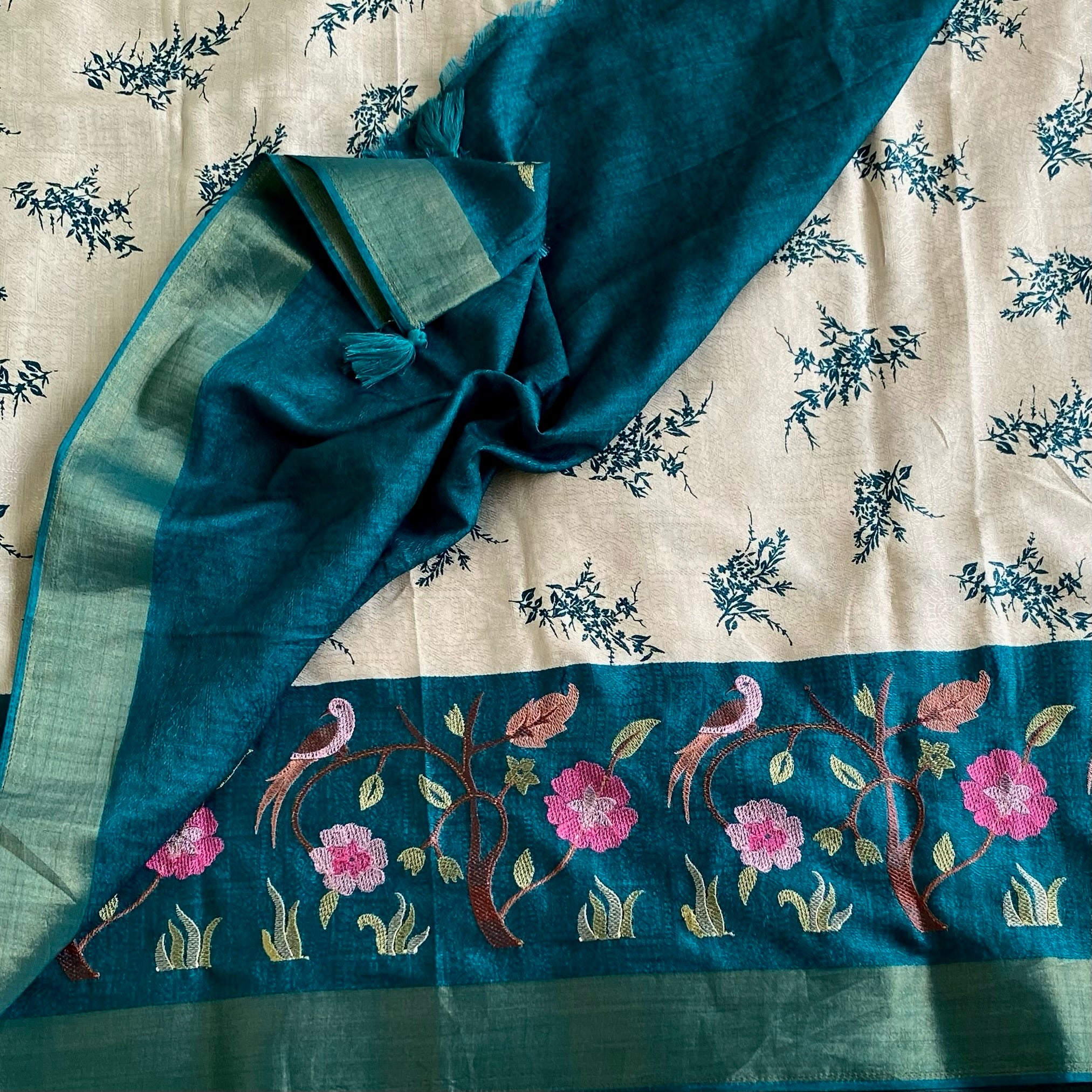 Ivory Soft Tussar Silk Saree With Teal Blue Pallu And Gold Border