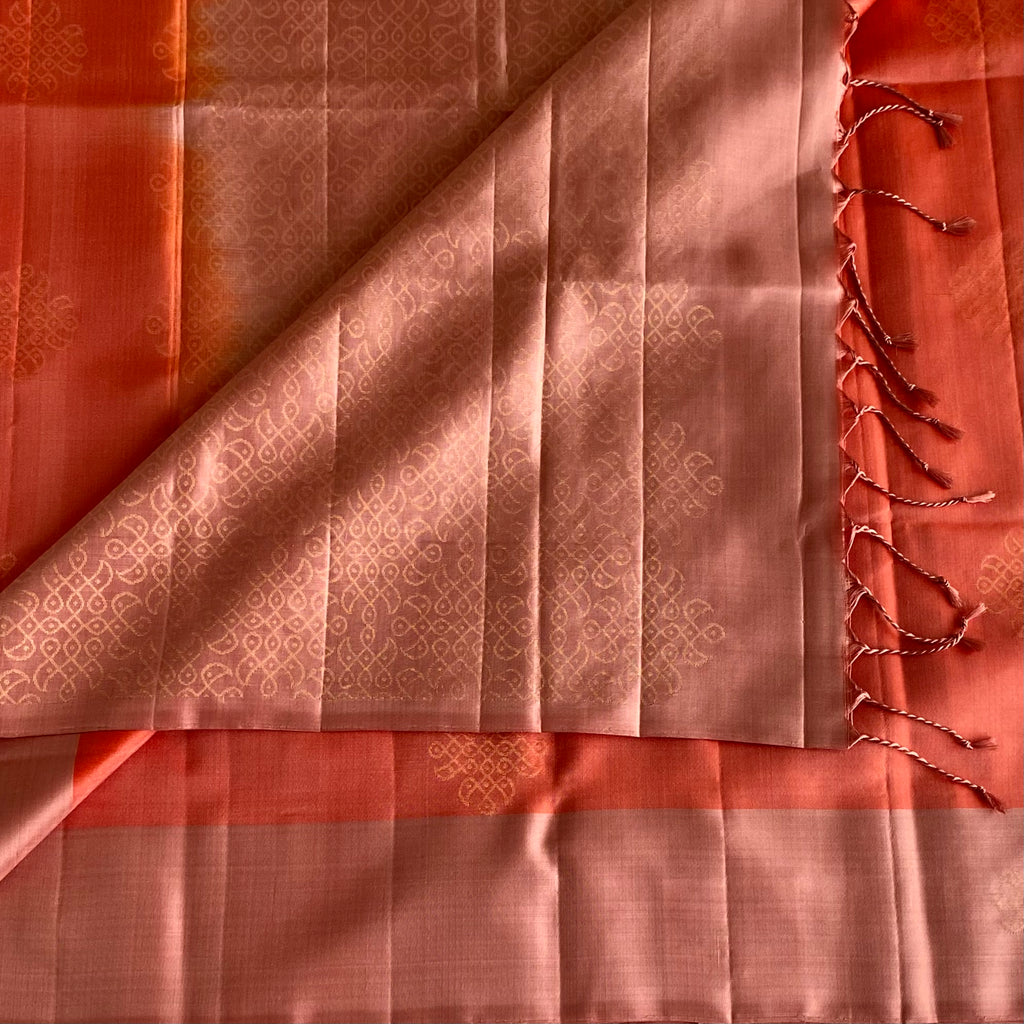 Dusty Rose Designer Pure Silk Saree With Coral Red Pallu