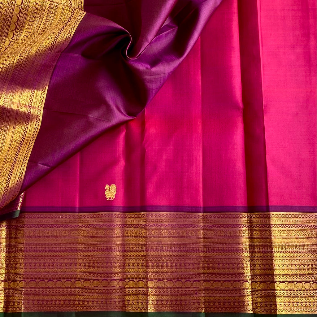 Rani Pink Kanjeevaram Pure Zari Silk Saree With Plum Purple Pallu