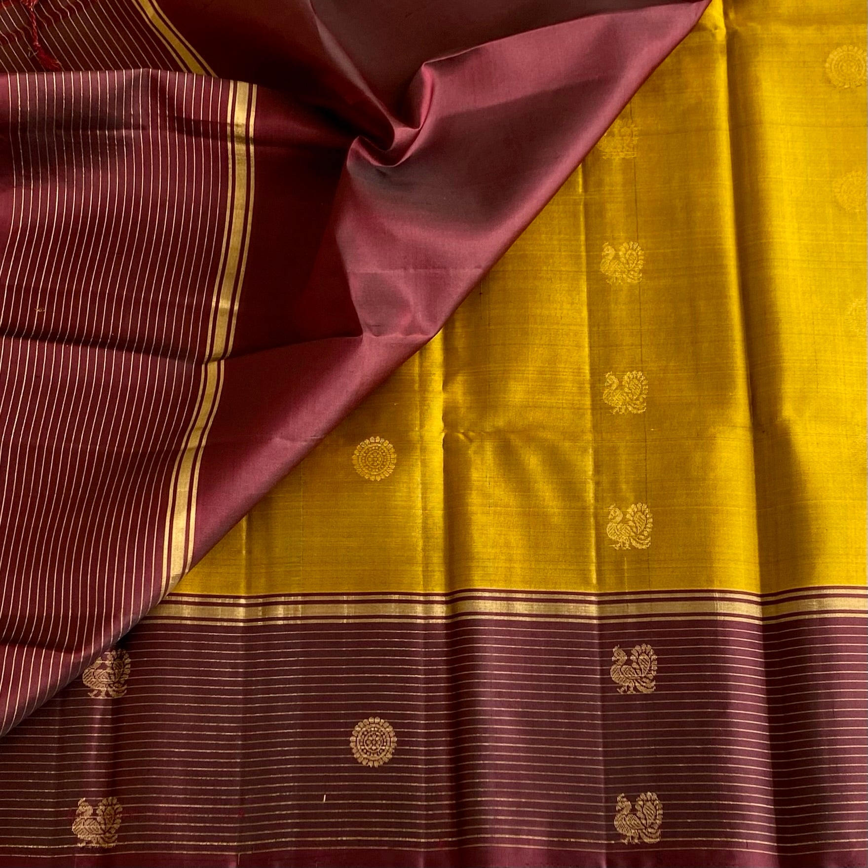 Deep MustRd Designer Pure Silk Saree With Wine Brown Border