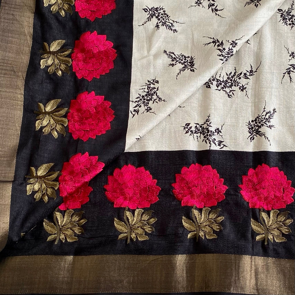 Ivory Soft Tussar Silk Saree With Jet Black Pallu And Floral Embroidery