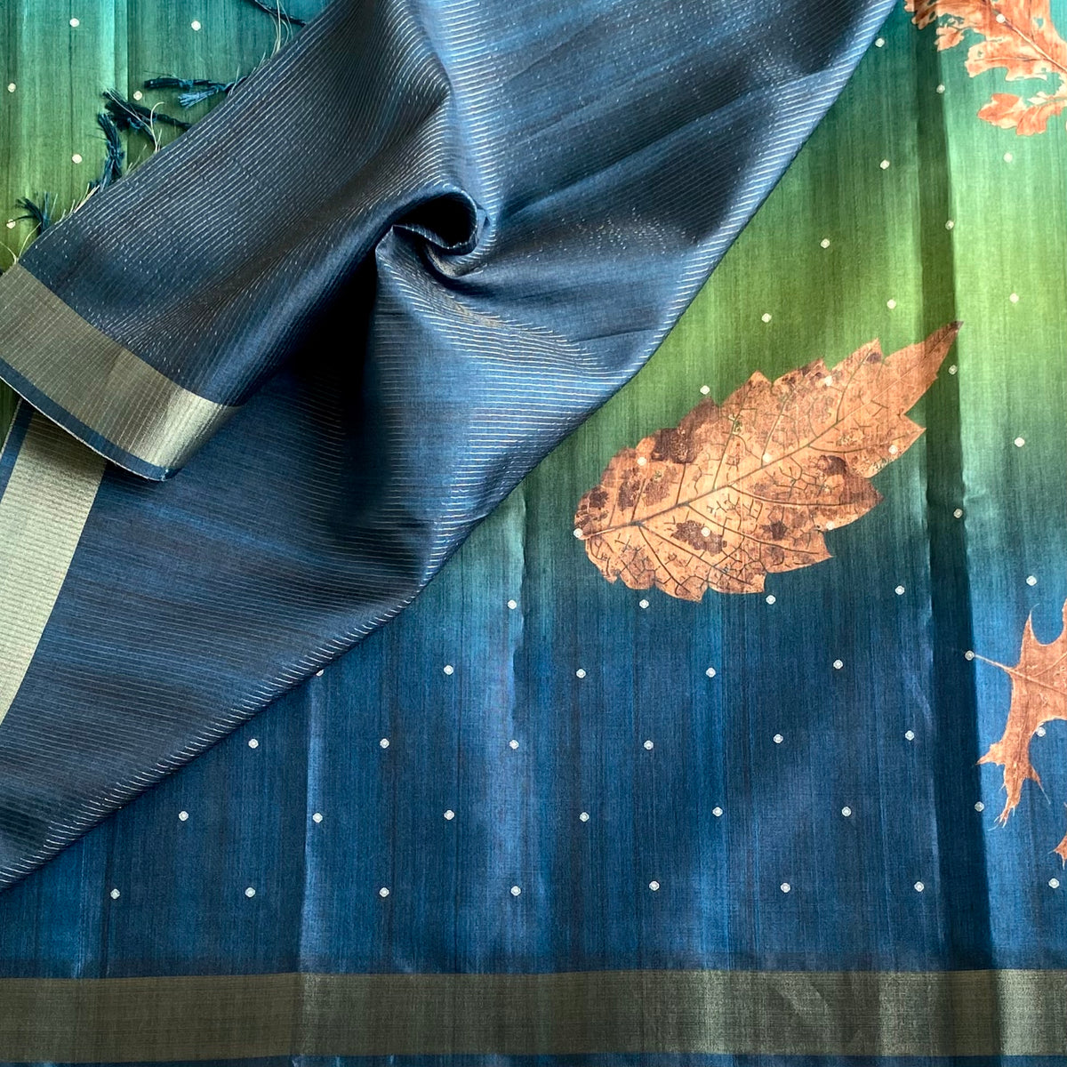 Ombre Shades of Blue & Green Soft Tussar Saree With Emerald Green Pallu