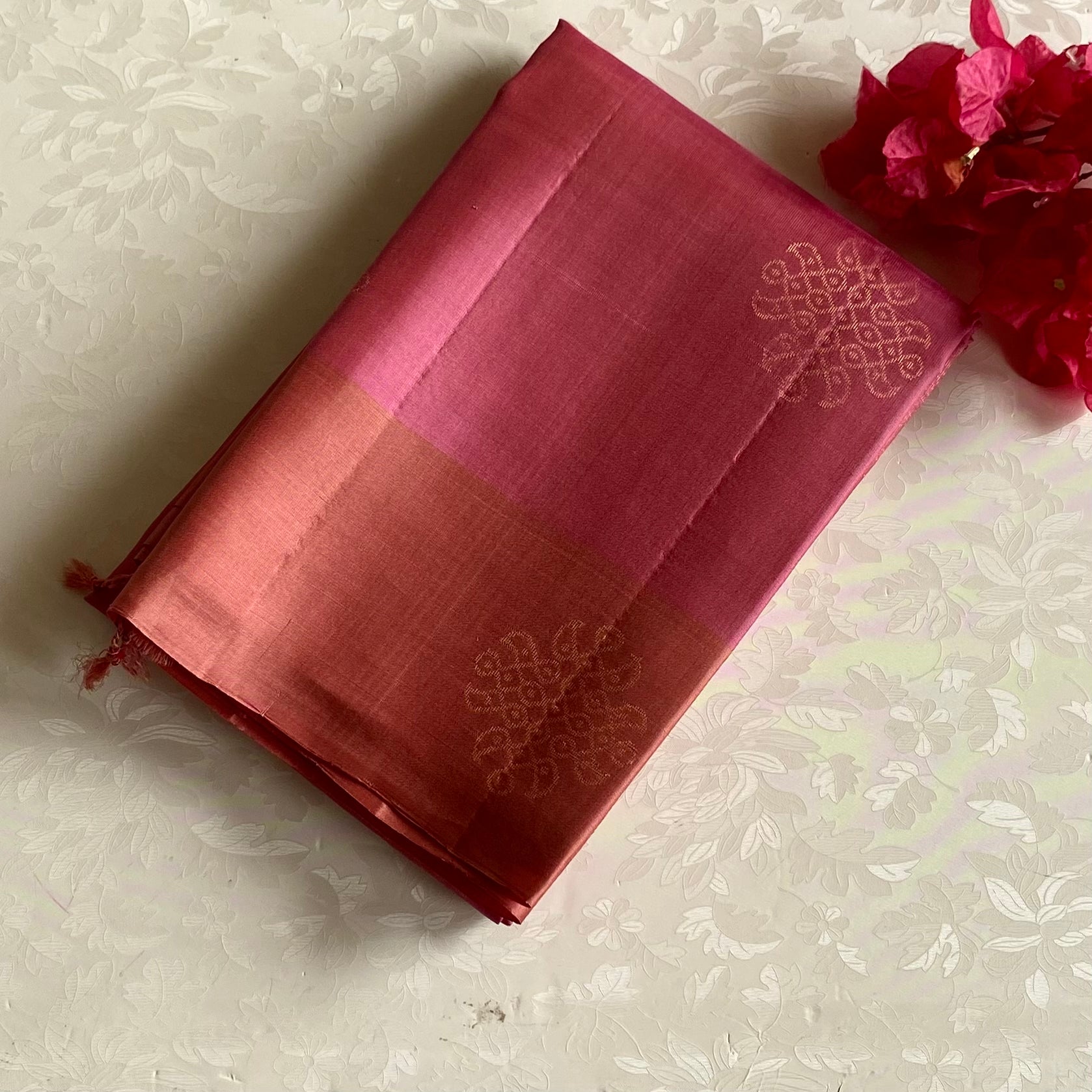 Metallic Rose Pink Designer Pure Silk With Blush Pink Pallu