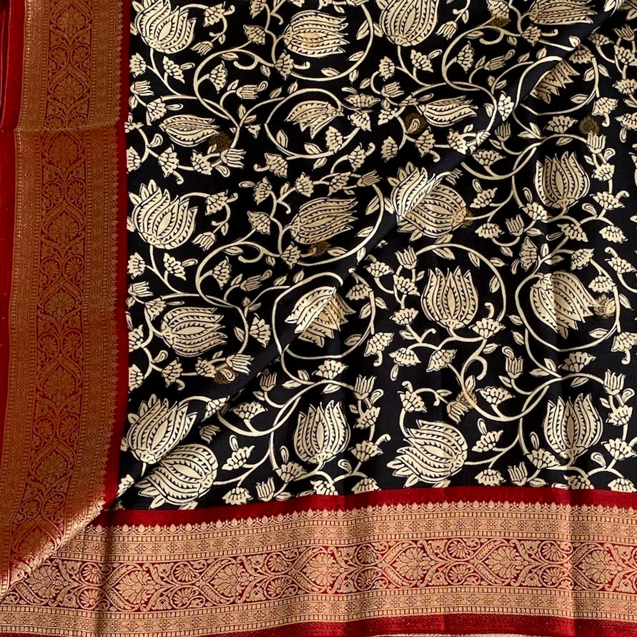 Jet Black Soft Tussar Silk Saree With Deep Maroon Pallu
