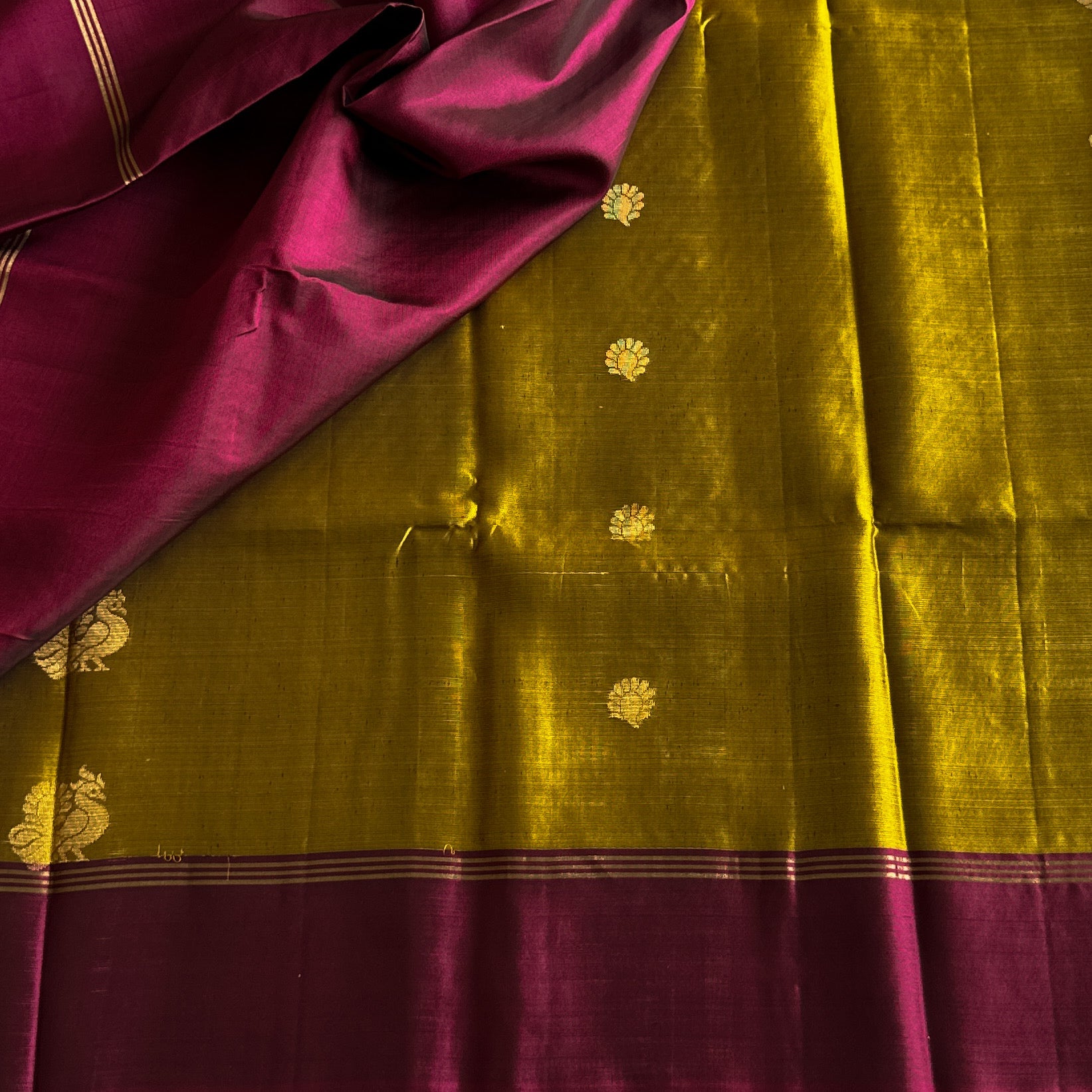 Chartreuse Silk Saree with Magenta Zari Pallu and Floral Border