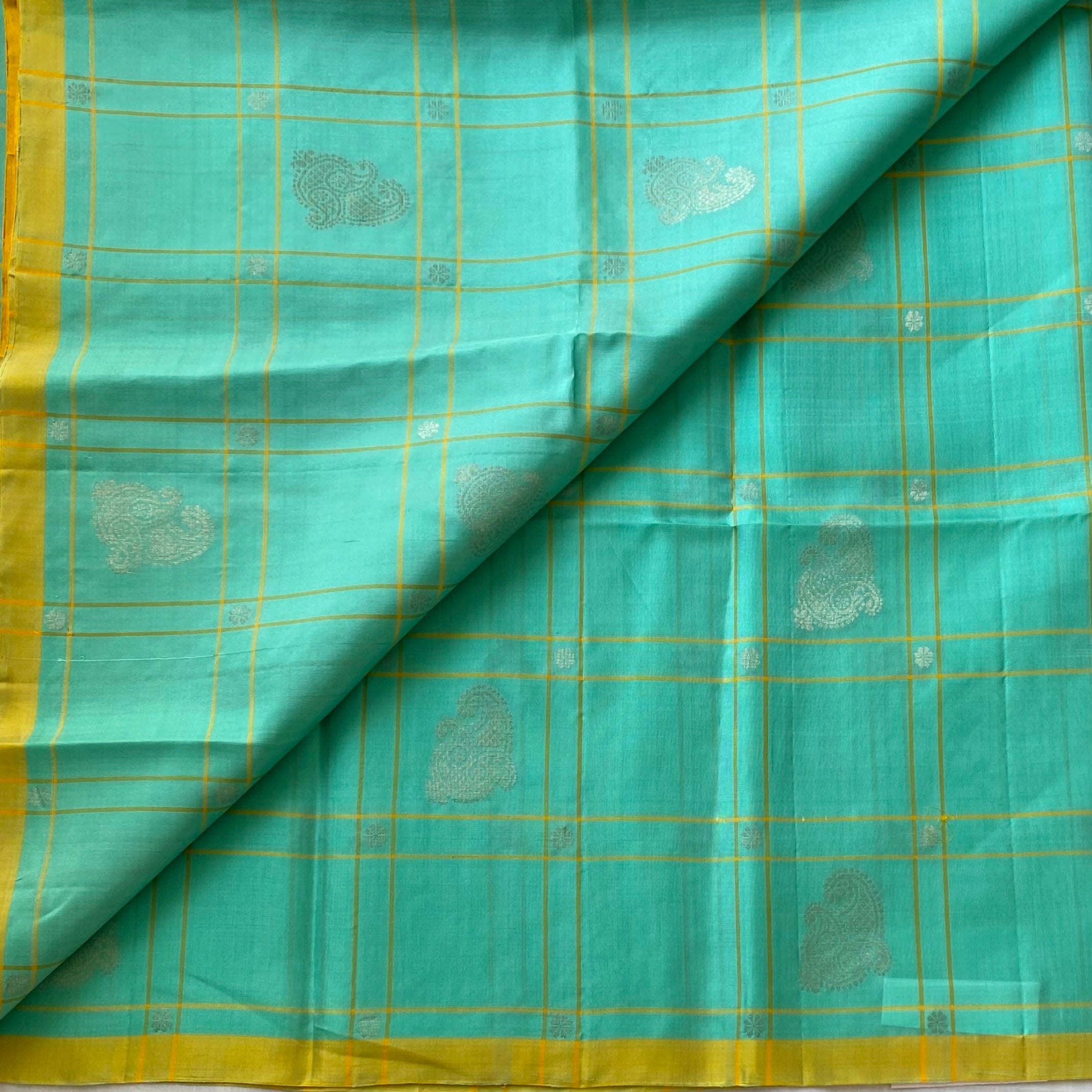 Classy Sea blue with mango yellow checkered designer pure silk