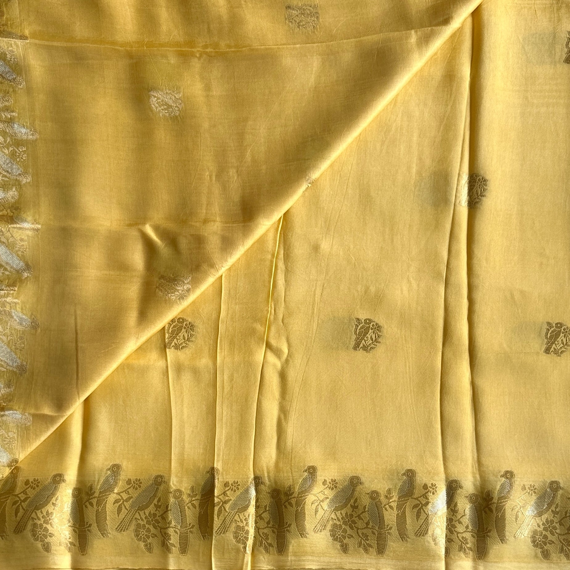 Butterscotch yellow softest tussar cotton wit quirky bird borders