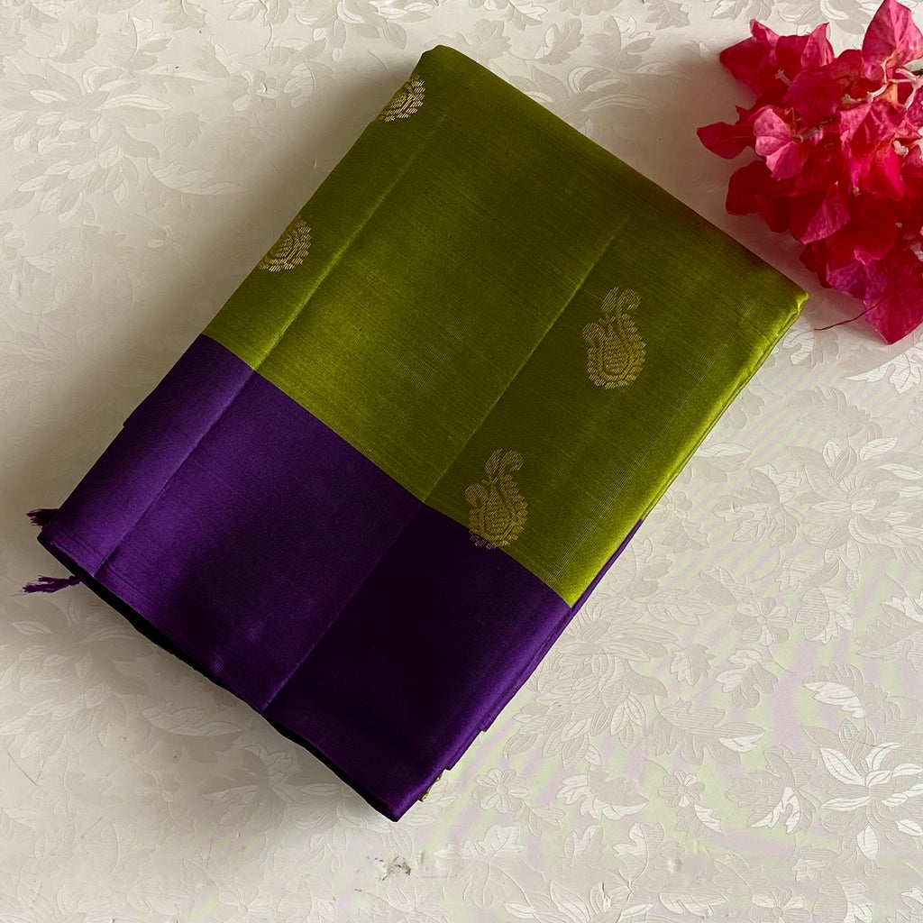 Chartreuse Green Designer Pure Silk Saree With Deep Purple Pallu