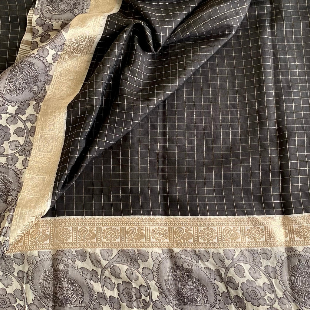 Black Checked Saree Antique Gold Zari Floral Border Traditional Wear