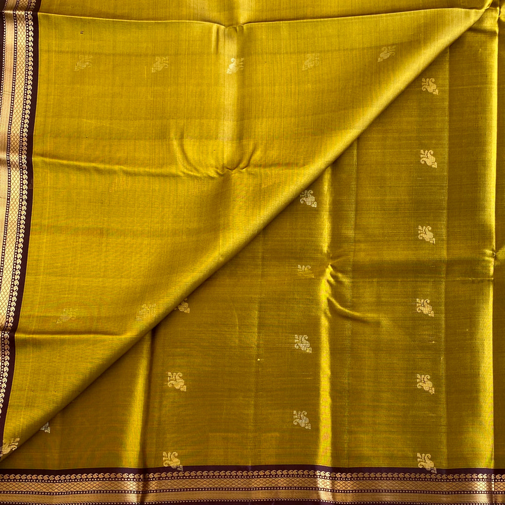 Mustard Yellow Designer Pure Silk Saree With Wine Purple Pallu
