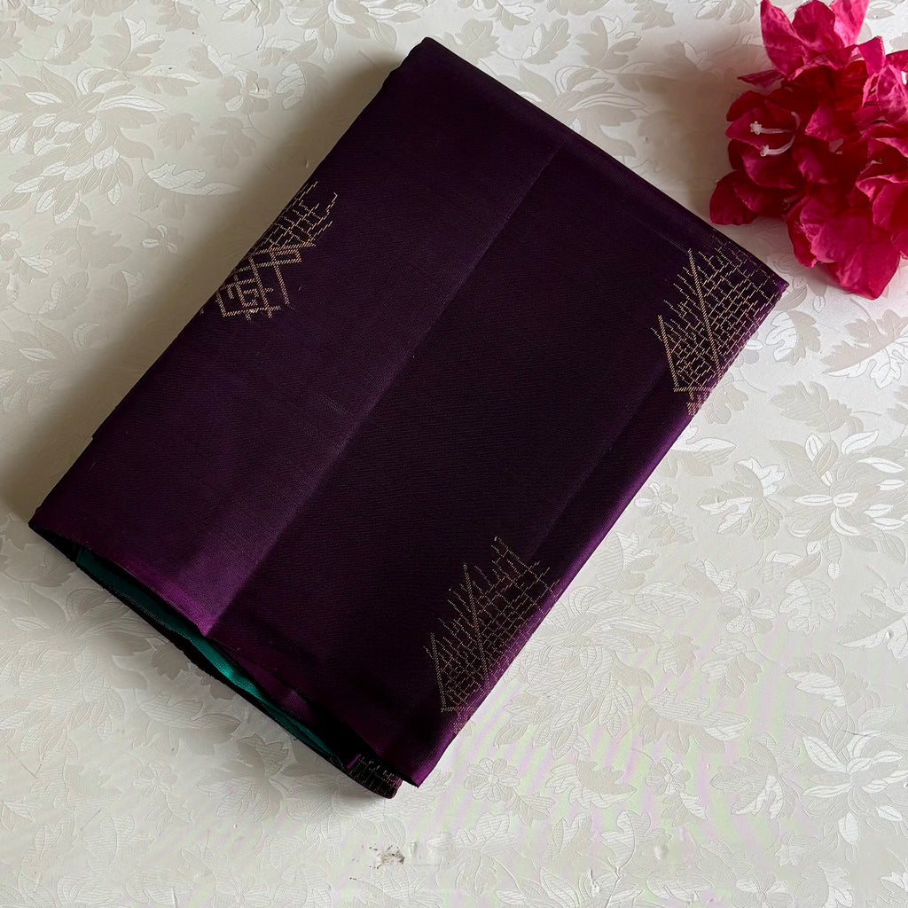 Deep Purple Designer Pure Silk Saree With Teal Green Pallu