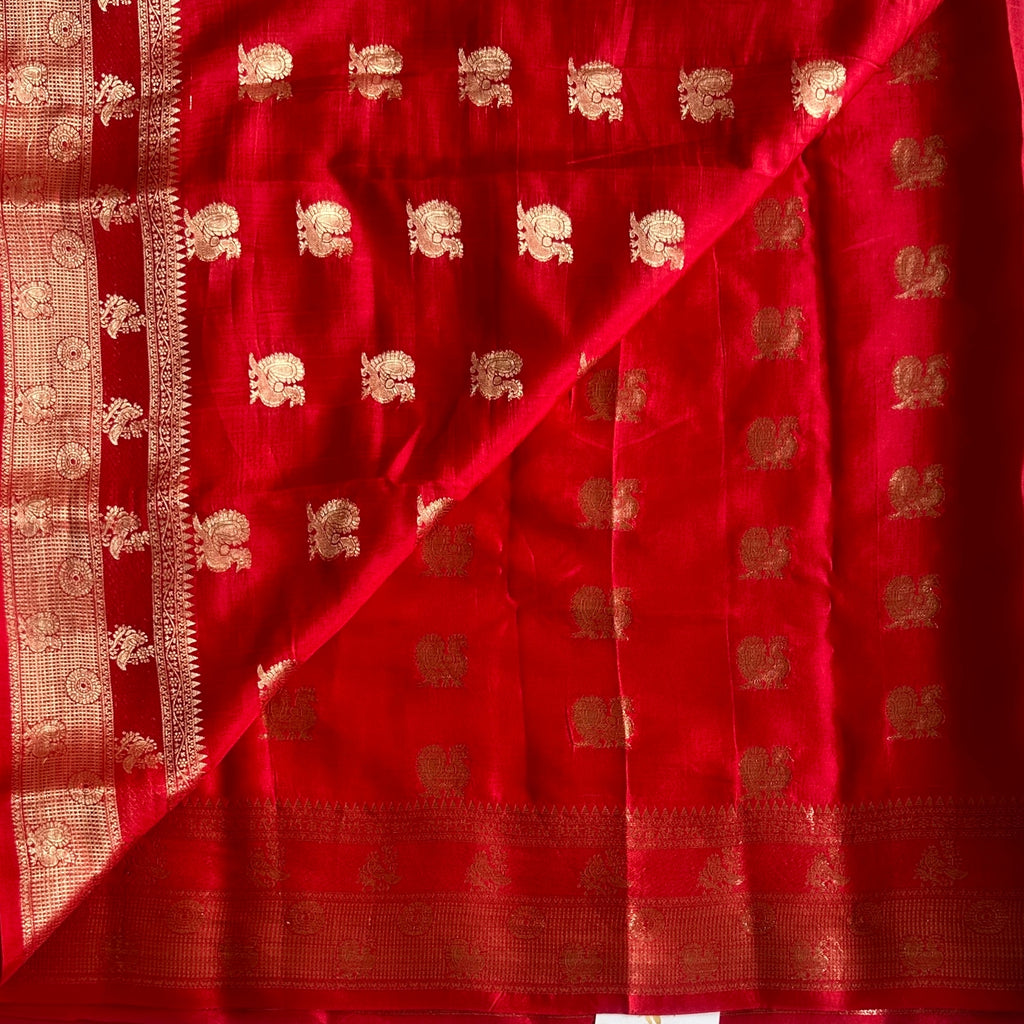 Ruby Red Zari Brocade Saree with Woven Gold Border Pallu