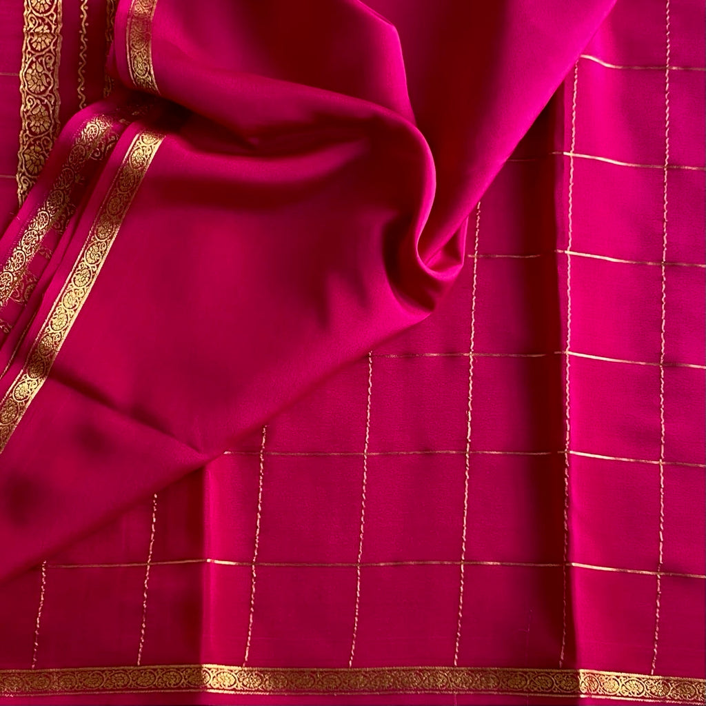 Rani Pink Mysore Crepe Silk Saree With Metallic Gold Zari