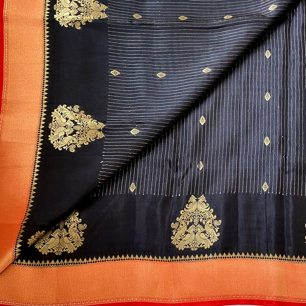 Black Silk Saree Vermilion Red Gold Brocade Pallu Wedding