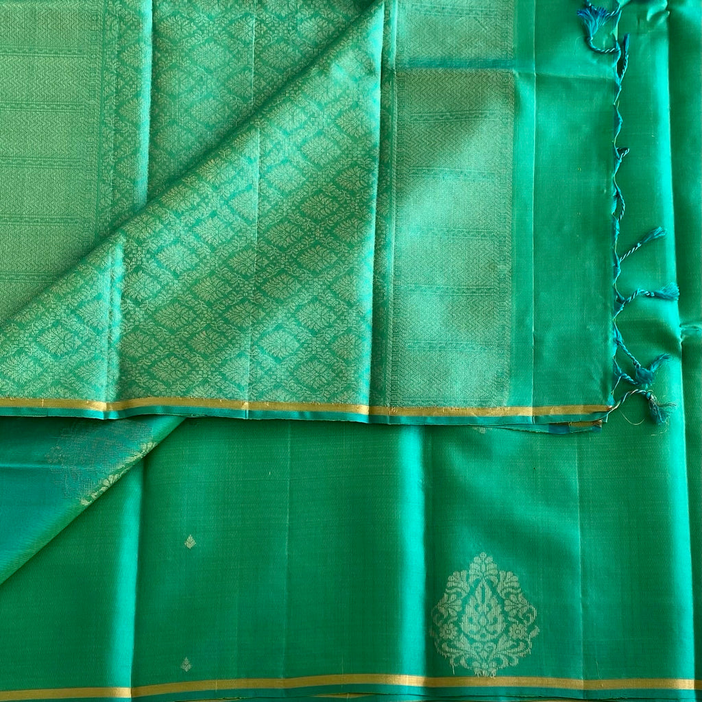 Sea Green Designer Pure Silk Saree With Gold Zari Border