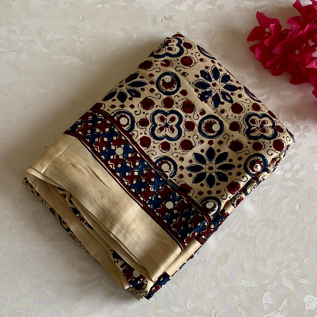 Ajrakh Handblock Printed Handcrafted Mirror Work Silk Saree Buttery Beige With Deep Maroon Accents