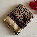 Ajrakh Handblock Printed Handcrafted Mirror Work Silk Saree Buttery Beige With Deep Maroon Accents